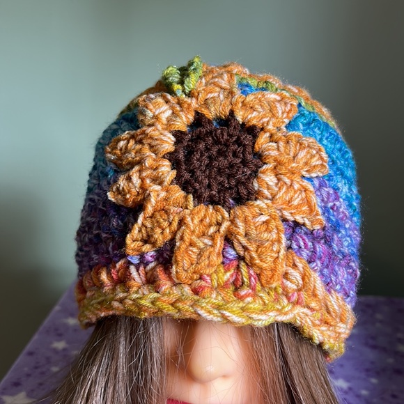 Colorful Crochet Sunflower Beanie medium soft double strings acrylic yarn new - Picture 7 of 9